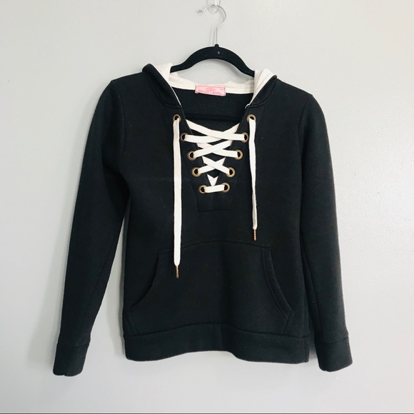 Sweaters - Black Lace Up V Neck Fleece Hoodie Sweater
